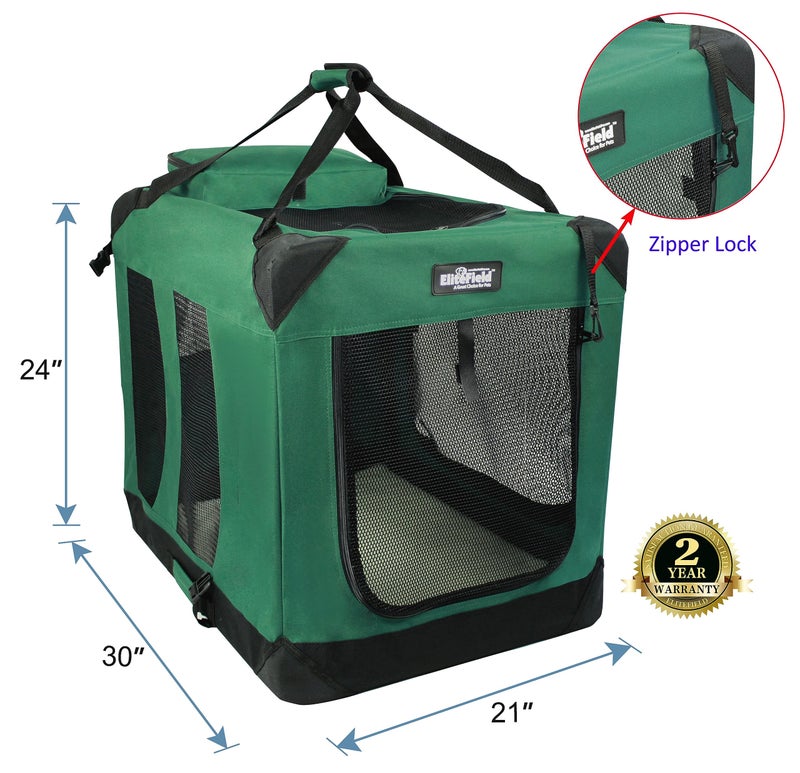 EliteField 3-Door Folding Soft Dog Crate with Carrying Bag and Fleece Bed (2 Year Warranty), Indoor & Outdoor Pet Home (30" L x 21" W x 24" H, Green) - Image 2